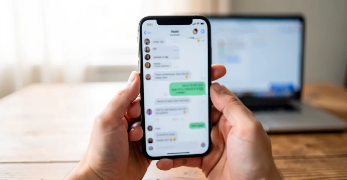 A phone screen showing an automated message reply in a messaging app, held above a desk