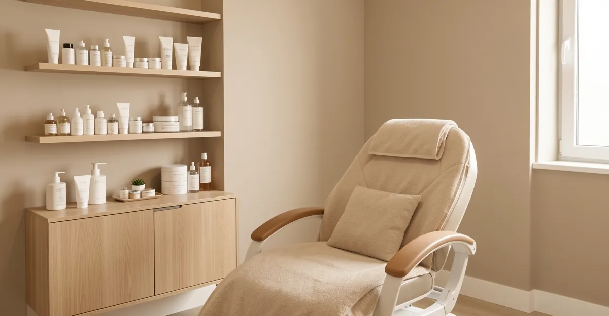 Modern beauty treatment room with a reclined treatment chair and skincare products displayed on wooden shelves