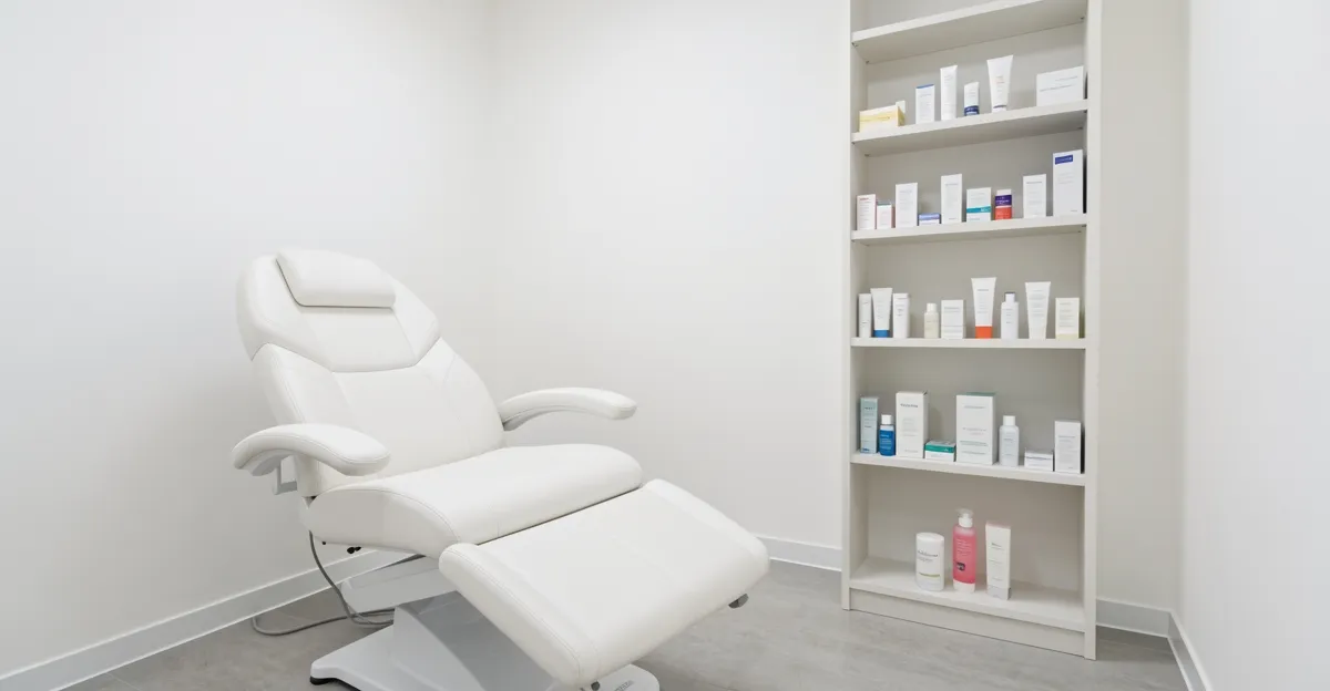 A clinic consultation room with a treatment chair and a shelf of skincare products, no people or screens visible