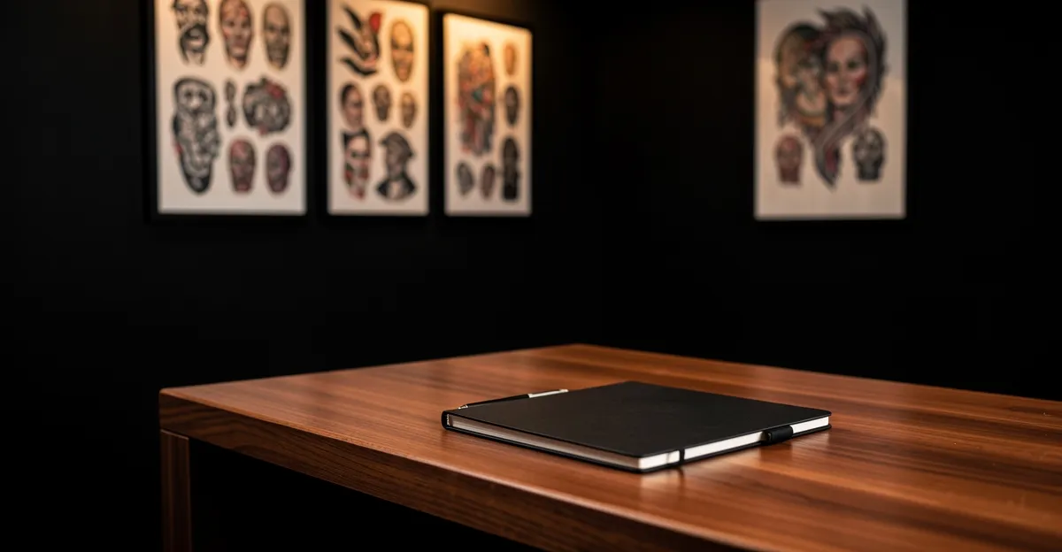 Tattoo studio reception desk with a closed notebook and pen, tattoo flash art displayed on the wall behind