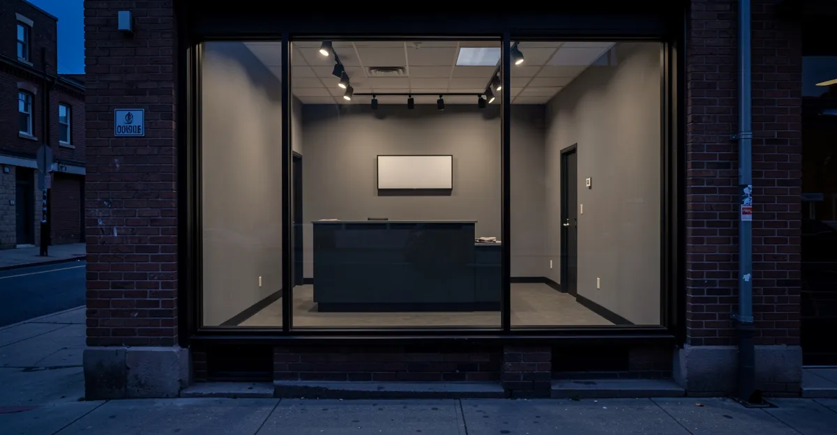 An empty tattoo studio reception area with unlit signage, photographed through the front window from the street