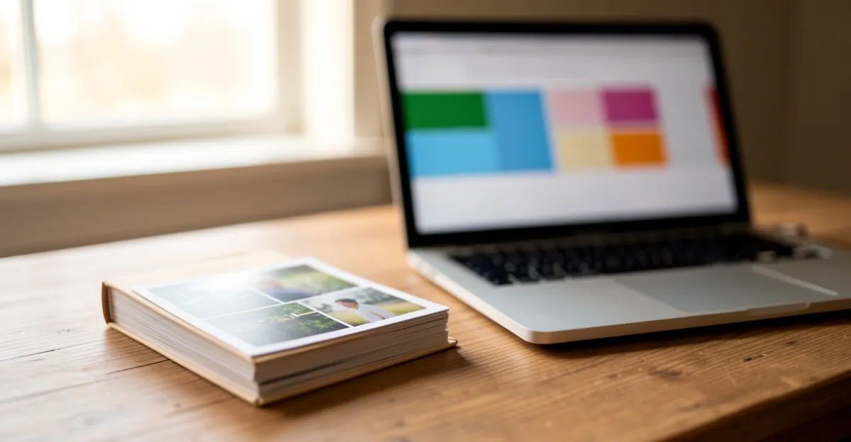 Stack of printed photographs and a notebook of handwritten notes on a desk beside a laptop, warm natural light