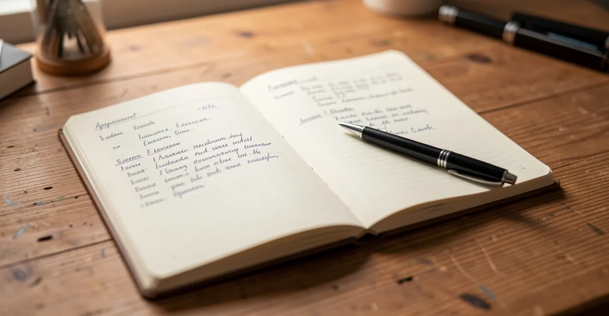 A studio appointment diary open on a desk with a pen resting on a booked page