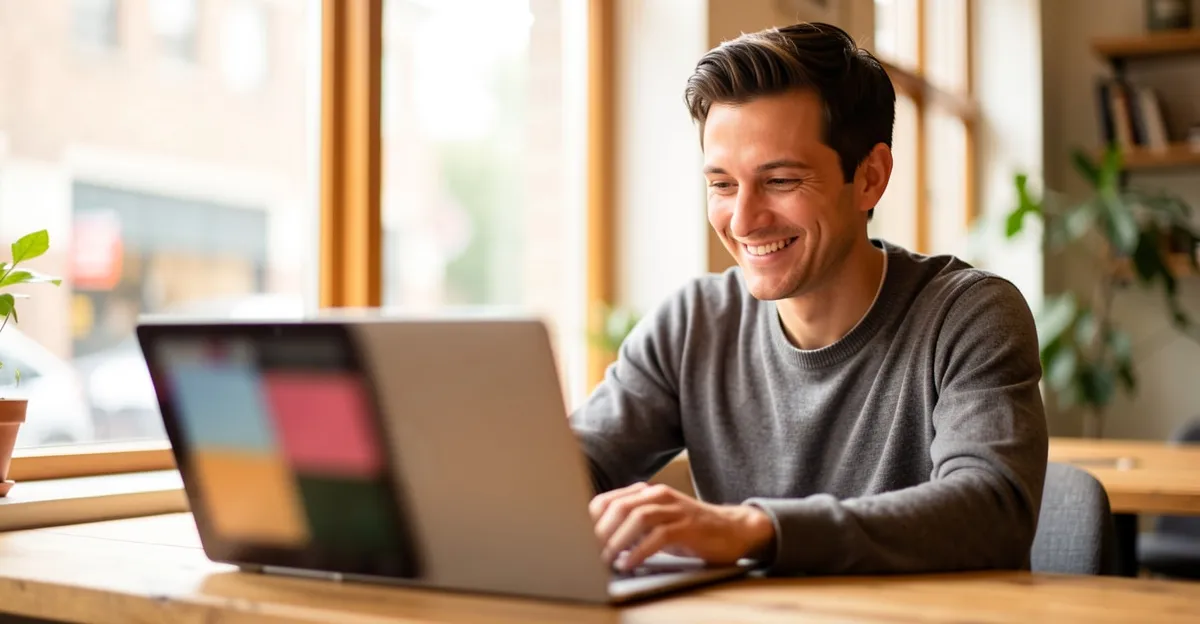 Small business owner reviewing their website on a laptop at a desk, warm natural light, no readable text on the screen
