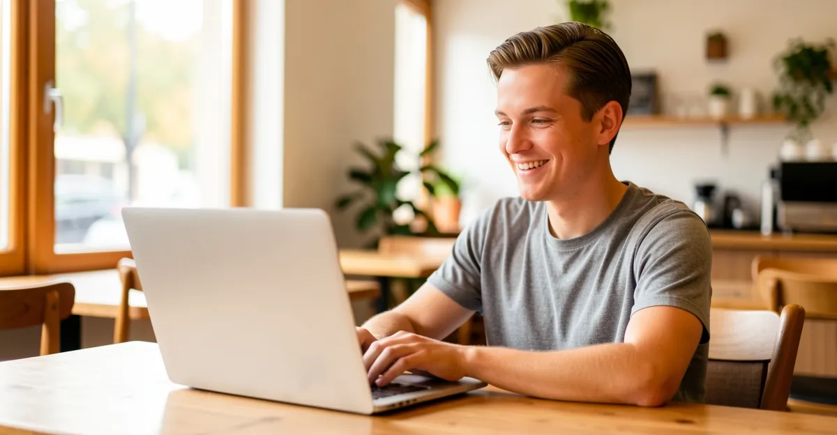 Small business owner reviewing their website on a laptop at a desk, warm natural light, no readable text on the screen