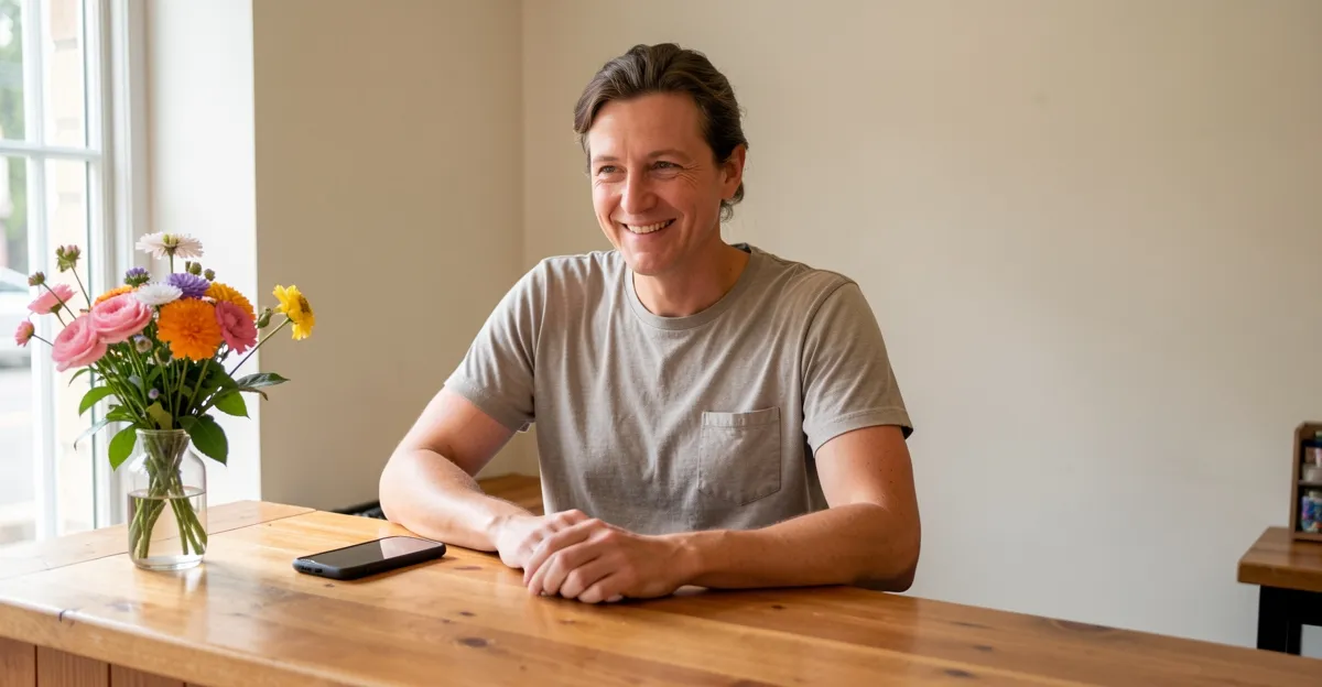 Small business owner smiling at a wooden shop counter with a phone and a vase of fresh flowers