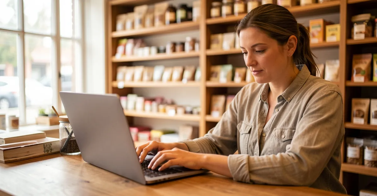 Small business owner working on a laptop at a shop counter, surrounded by shelves of packaged products