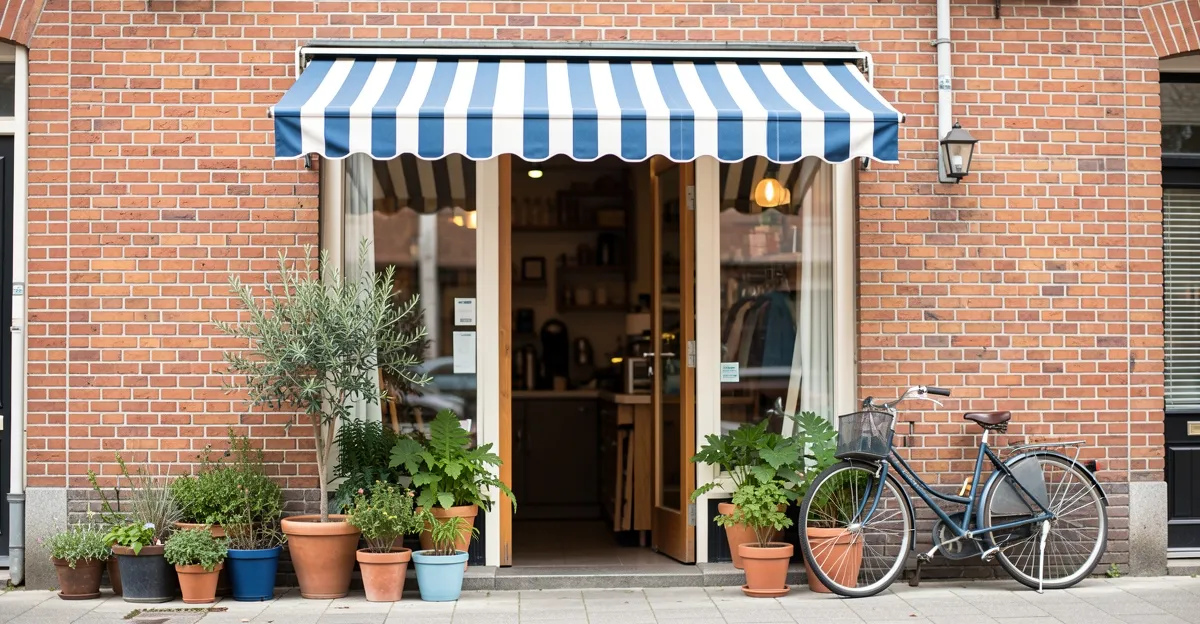 Shopfront of an independent local business with an open sign in the window, natural daylight, no readable signage text