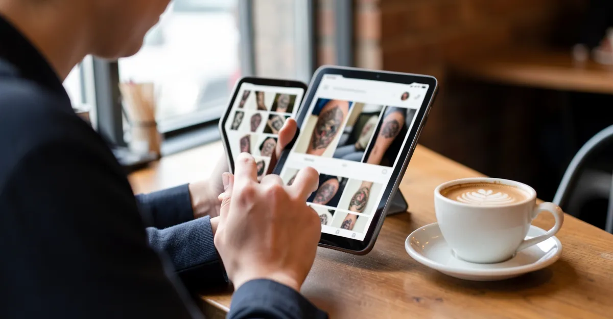 A person scrolling through tattoo photos on their phone while sitting in a cafe