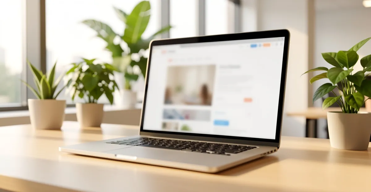 Laptop on a desk in a bright office with a blurred webpage on screen, surrounded by plants and natural light