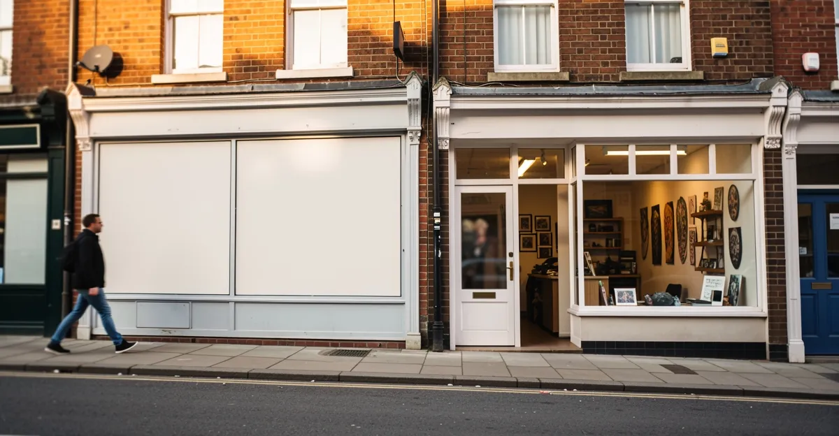 Two tattoo studio storefronts on a UK high street, seen from across the road with people walking past
