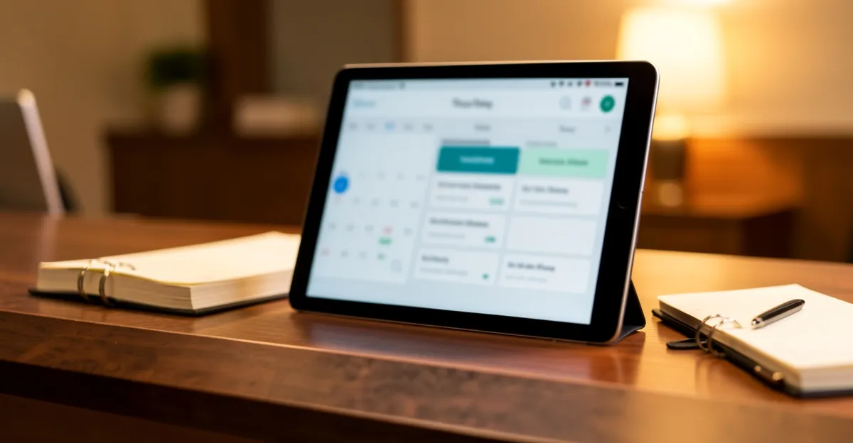 A tablet showing a booking calendar app on a reception counter, with a diary and pen resting beside it