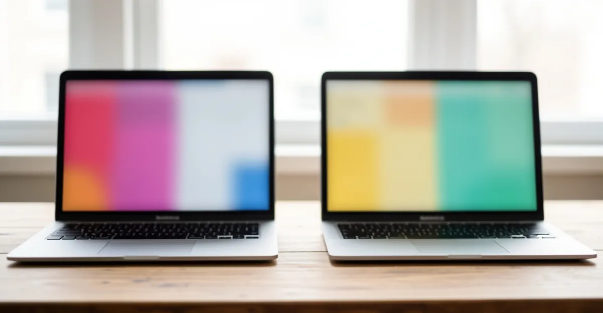Two laptop screens side by side on a desk showing before and after website layouts, blurred out-of-focus screen content with no legible text
