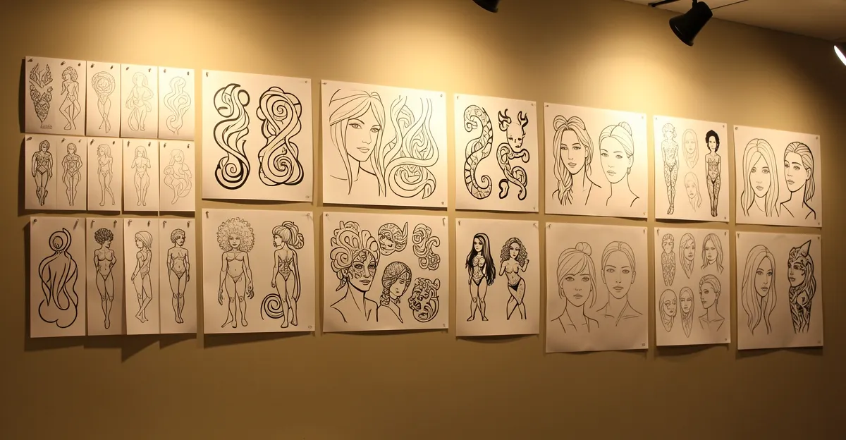 A wall of tattoo flash art organised by style, with several distinct design sheets visible side by side