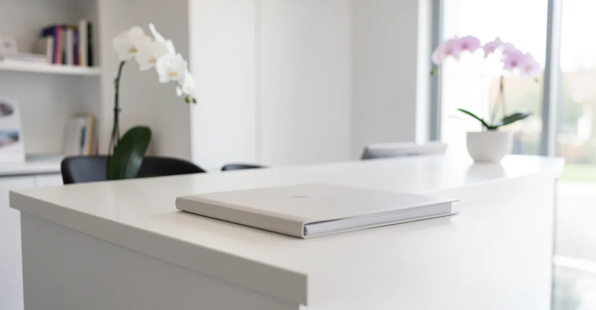 A clinic reception desk with a printed treatment price list folder closed on the counter
