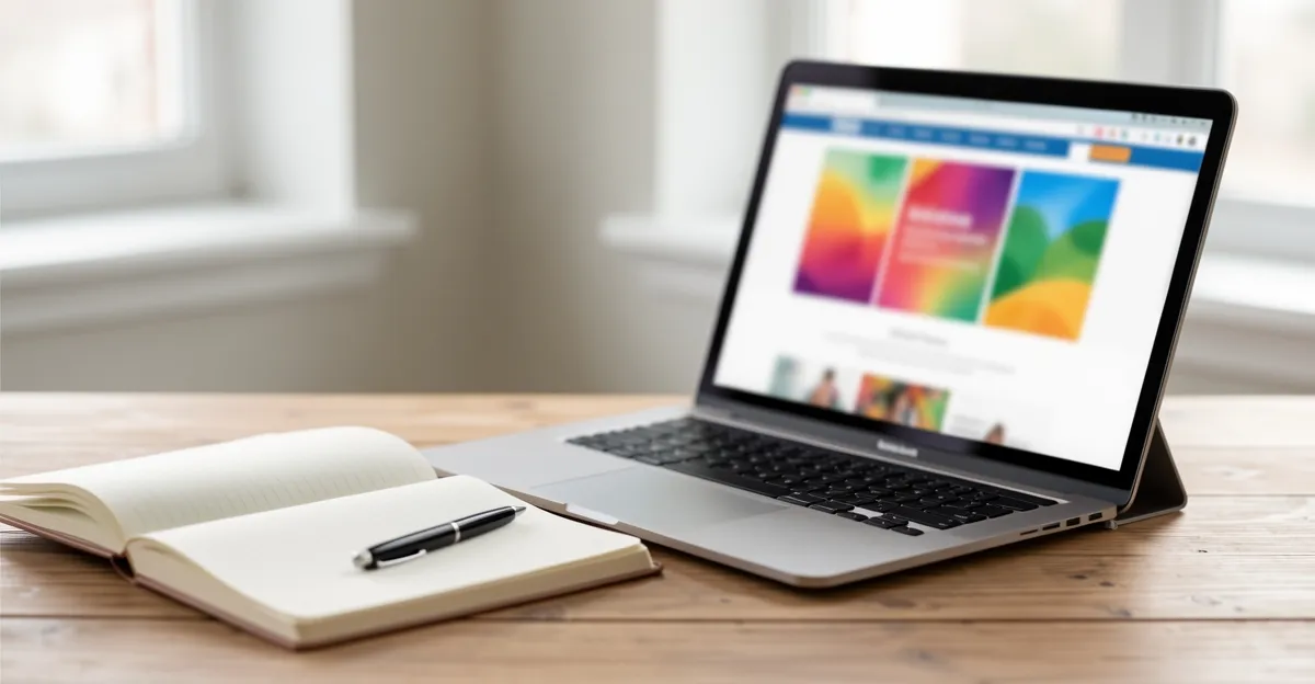 Notebook and pen on a desk beside a laptop showing a website mockup, soft natural light, blurred out-of-focus screen content with no legible text