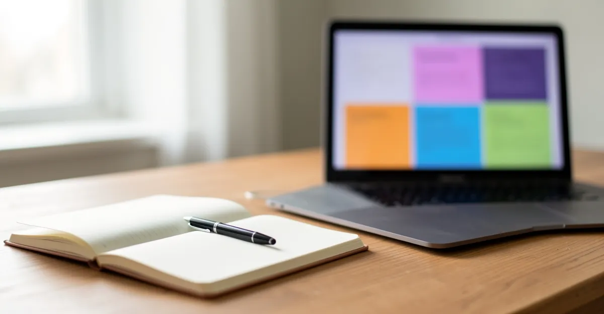 Notebook and pen on a desk beside a laptop showing a website mockup, soft natural light, blurred out-of-focus screen content with no legible text