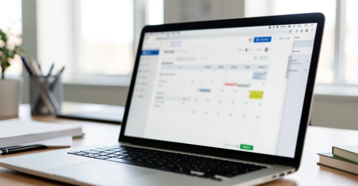 A laptop screen showing a booking calendar interface, photographed from an angle with the browser chrome visible