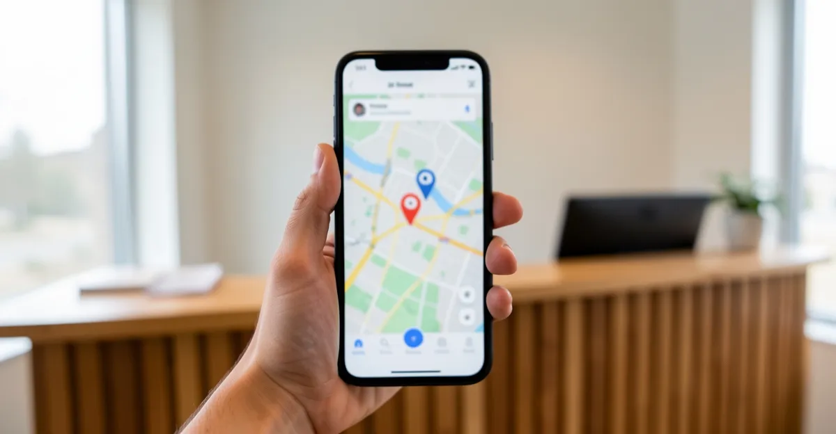 A phone screen showing a map with two nearby location pins, held above a wooden reception desk
