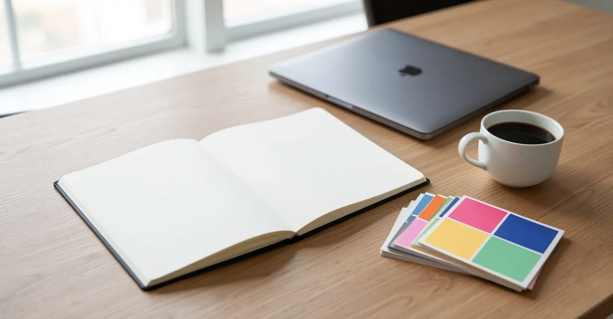 Business owner's desk with a notebook, branding swatches and a laptop laid out ready for a meeting, soft natural light