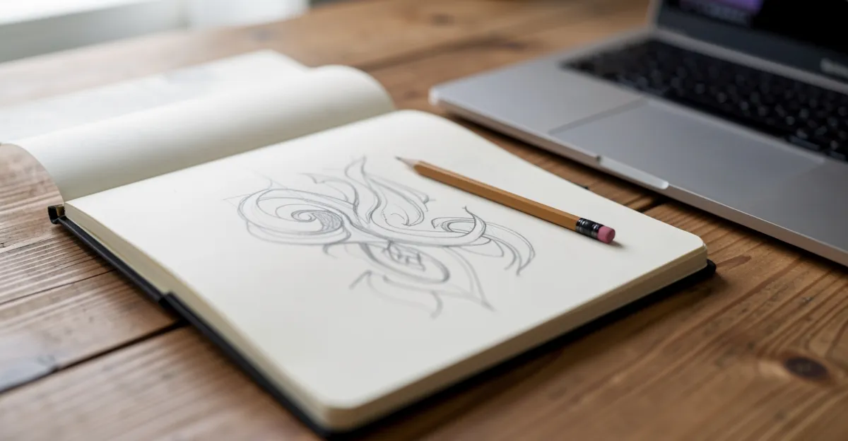 A tattoo artist's sketchbook open on a desk beside a laptop, with a pencil resting across the page