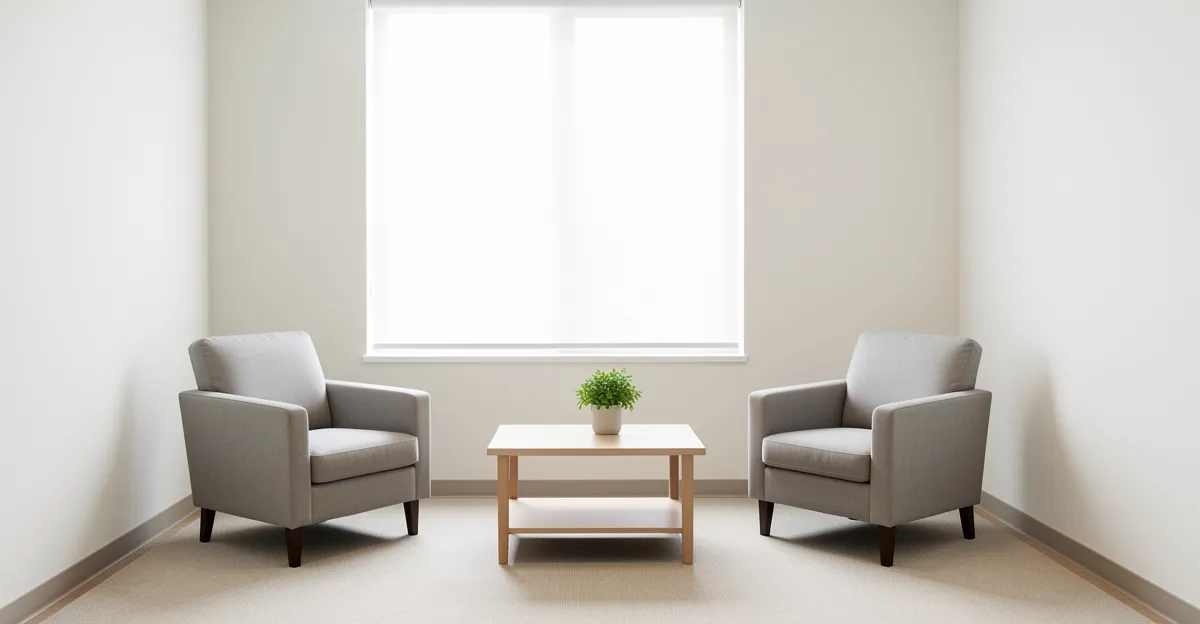 An empty clinic waiting room with two chairs and a low table, softly lit by a window