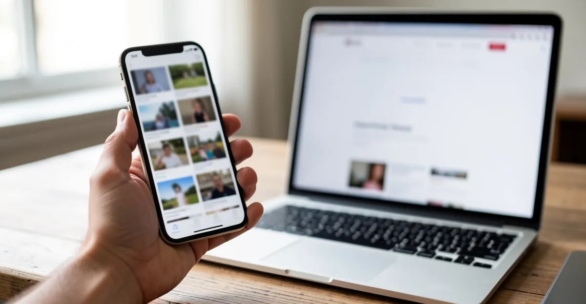 A phone showing an Instagram grid of tattoo photos, held next to a laptop showing a blank website homepage