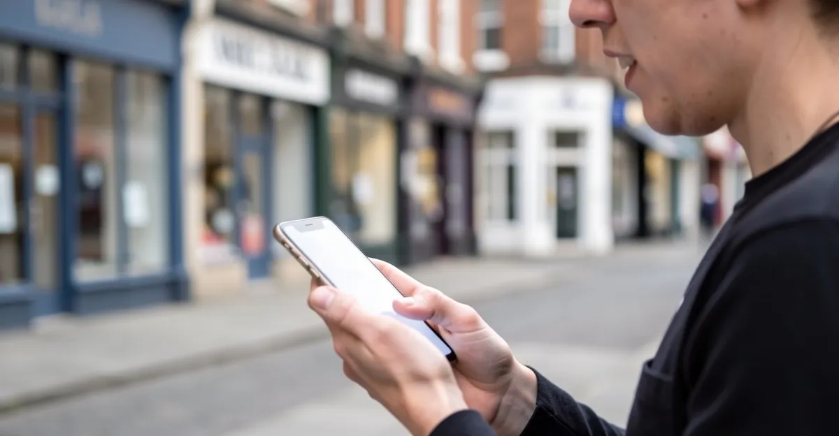Person searching on a smartphone while standing outside a row of independent local shops, natural daylight, no readable text on screen